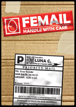 Cover for 'Femail' by Luna C. Title written on a red 'fragile' tag, with the icon of an egg cracking. Cardboard-textured background with scotch tape on the sides. A shipping tag is visible in the lower part and bears the author's name.